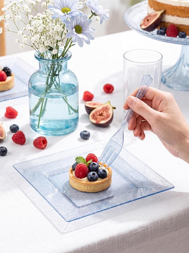 DaYammi 200 Pcs Blue Glitter Dessert Plates Including 100Pcs Appetizer Plates,100Pcs Plastic Forks, Plastic Square Plate for Party,Blue Disposable plates and Cake forks for Birthday Party Wedding