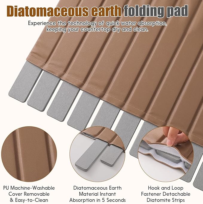 Dish Drying Mat，Stone Drying Mat for Kitchen Counter，Heat Resistant and Super Absorbent Foldable Bath mats,Made of Diatomaceous Earth and Leather.24.8"×15.7" Brown