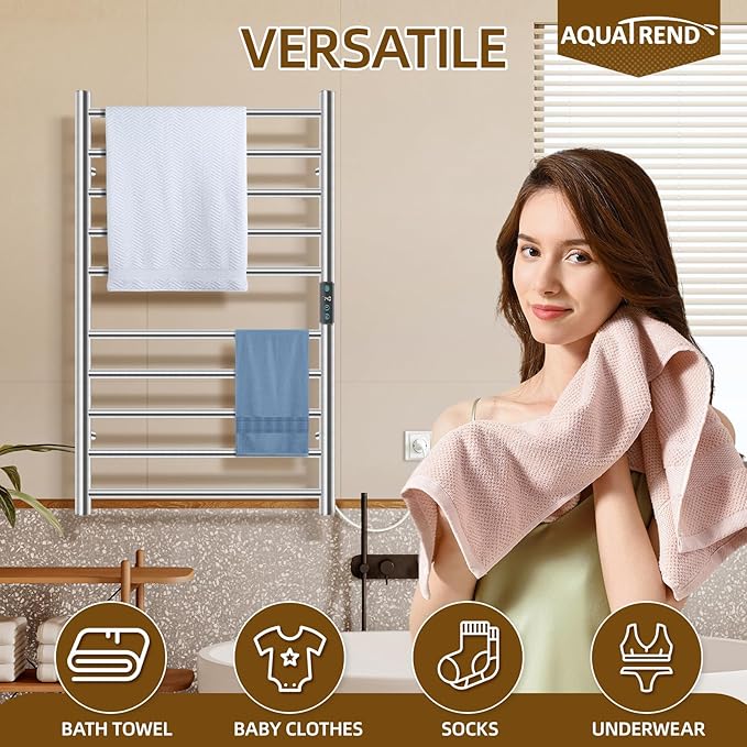 Towel Warmers for Bathroom, Heated Towel Rack Large, Smart Timing & Temperature Control, 10 Bar Racks, Stainless Steel, Plug-in, Fast Heating, Brushed Nickel