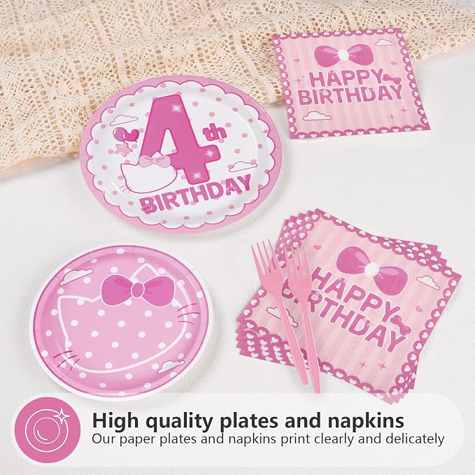 96Pcs Pink Kitten 4th Birthday Party Decorations Pink Cat Dot Plates and Napkins Tableware Set Cartoon Cat Theme 4th Birthday Decorations for Four Years Old Girls Party Supplies Serves 24