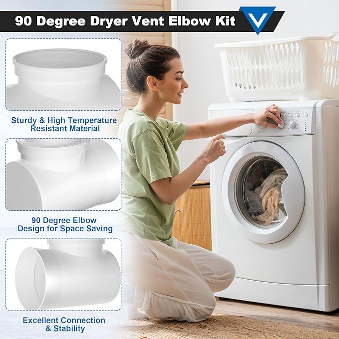 90 Degree Dryer Vent Elbow, 4" Dryer Vent Hose, Space Saving Connector Kit Clothes Dryers Duct Pipe Tube Connection Adapter for Tight Spaces with Clamp Sealing Tape