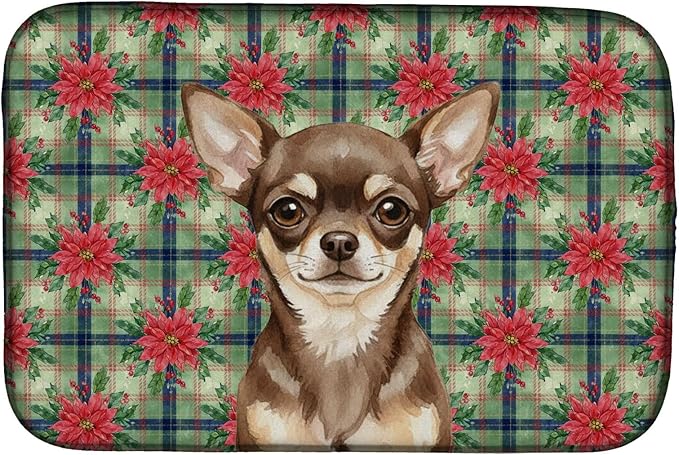 Caroline's Treasures Chocolate Chihuahua Christmas PoinsettIas Dish Drying Mat Absorbent Dish Drying Mat Pad for Kitchen Counter Dish Drainer Mat for Countertop, 14 x 21", Multicolor