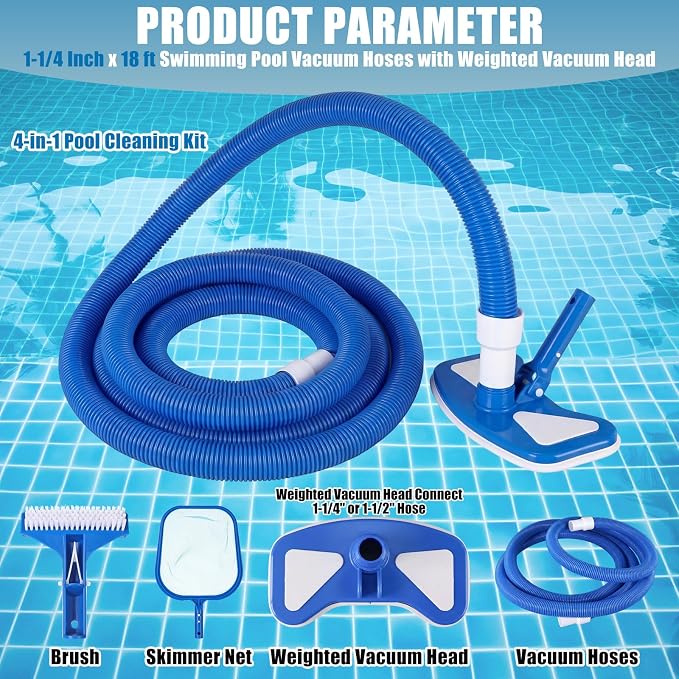 4 Pcs Pool Cleaning Kit 4-in-1 Above Ground Pool Maintenance Include 1-1/4" x 16 ft Vacuum Hoses with Weighted Vacuum Head Connect 1-1/4" or 1-1/2" Hose Brush Skimmer Net, Not Include Pole