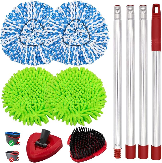 Mop Sets for O Cedar RinseClean 2 Tank Spin Mop System, 2 Microfiber Head Refills and 2 Chenille Pads,1 Handle with 1 Scrub Brush, and 1 Base
