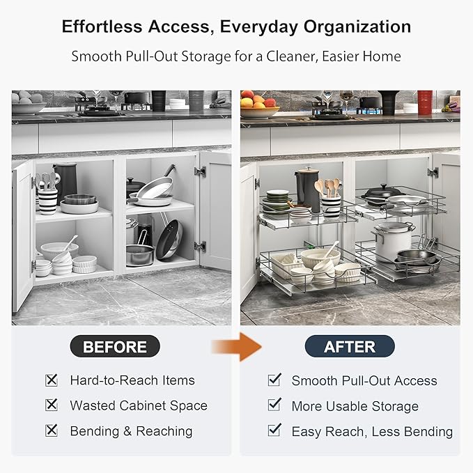 2 Tier Pull Out Cabinet Organizer - 14" W x 22" D Soft Close Slide Out Shelves with Shelf Liners - Pullout Drawers for Kitchen Cabinets, Pantry, Bathroom, Heavy Duty Steel Wire Baskets