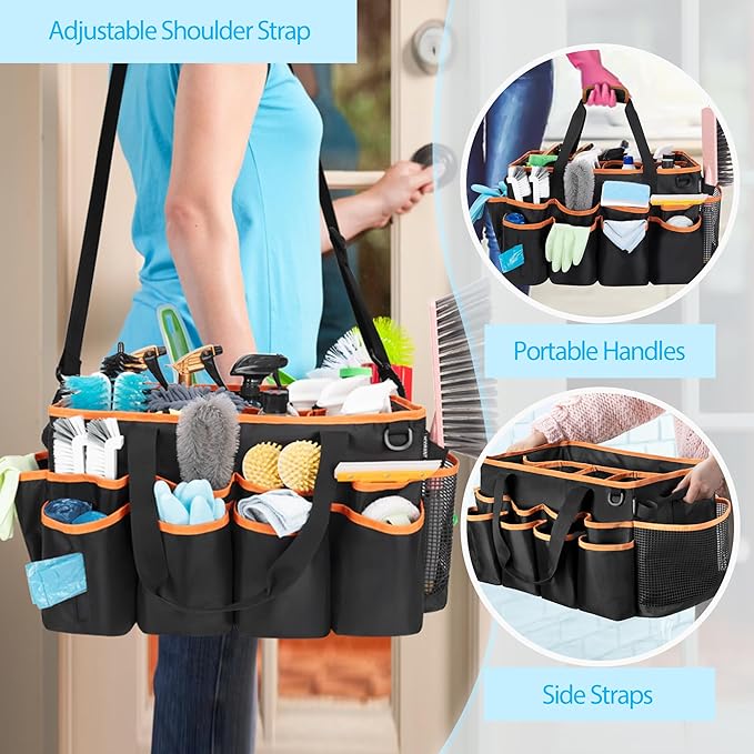 HODRANT Extra-large Wearable Cleaning Caddy, Organizer Bag for Housekeeper with Pad, Handle & Divider, Car Wash Tools Bag for Detailing Supplies, Orange Edge