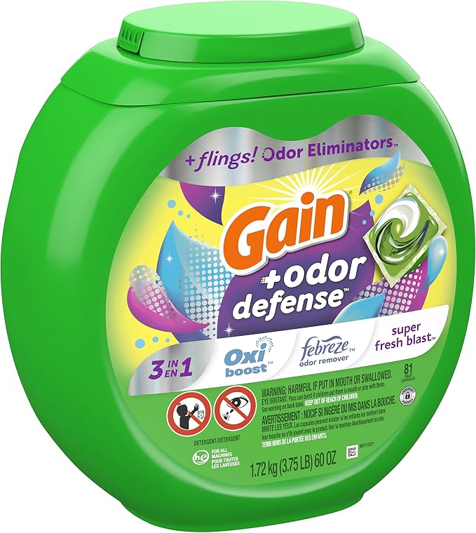Gain Flings Laundry Detergent Pacs with Odor Defense, HE Compatible, 3in1 with Febreze and Oxi, Super Fresh Blast Scent, 81 Count