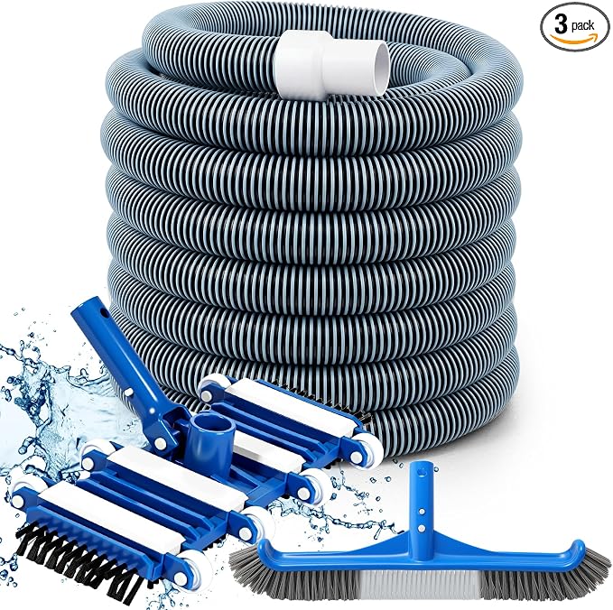 3 Pcs Pool Cleaning Kit Swimming Pool Vacuum Head Hoses 1-1/2" x 30ft with Swivel Wheel Vacuum Head and 14 '' Brush for Inground & Above Ground Pools Spas Ponds Cleaning Manual(with Bristles)