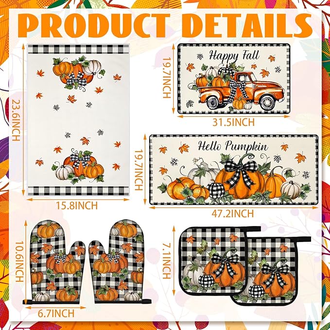 Fanfanwin 10 Pcs Thanksgiving Kitchen Decor Set Kitchen Towels Pot Holders Oven Mitts and Rugs Set Thanksgiving Decor for Baking Cooking Gift