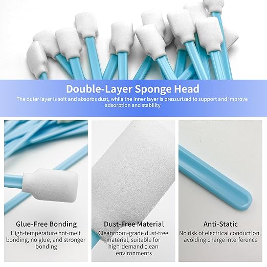 50 Pcs Large Solvent Resistant Professional Lint Free Swabs, 7.08" Long Handle Foam Swabs for Electronics, Camera Sensors, Printers, Optical Lenses