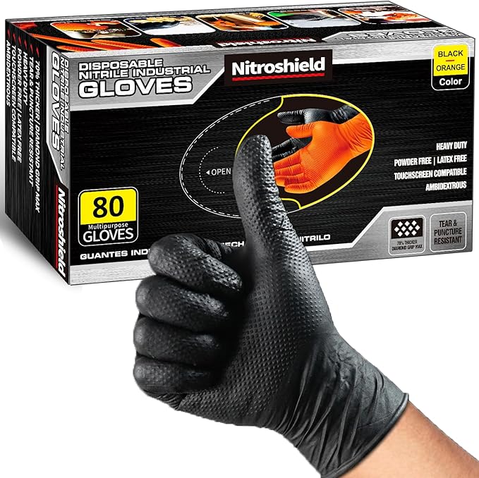 NITROSHIELD 9mil Heavy Duty Disposable Nitrile Gloves, Black XLarge 80Pcs -Chemical Resistant, Latex Powder Free Rubber Gloves Diamond Texture for Automotive, Mechanics, Cooking,BBQ, Industrial Use