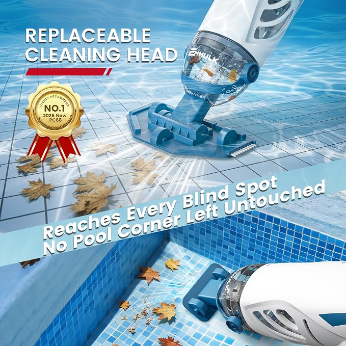 ENHULK PC68 Pro Pool Vacuum, Upgraded 26.5 GPM Beast-Level Suction, 9' Extension Pole, 4 Filters Unit, 1H Runtime, Cordless Handheld Pool Cleaner for Above/Inground Pools