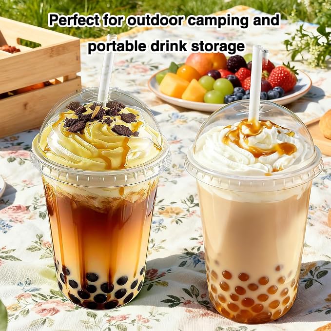Qsqwsuye 100 Set 16oz Disposable Clear Plastic Cup with Lids and Straws, Sturdy & Food Safe Iced Coffee Cups, Plastic Cold Drinks Cups for Smoothie, Milk Tea, Assorted Beverages Party Supplies