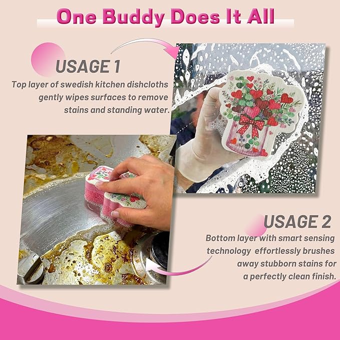 Bulimumu 3-Layer Floral Vase Dish Sponge (6 Pack) - Swedish Dishcloth Top + Soft Sponge Middle + Smart Temperature-Sensing Scrubber - Dual-Action Non-Scratch Kitchen Cleaning