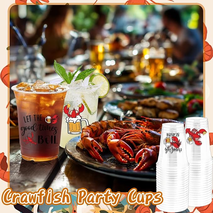 100Pcs Crawfish Plastic Party Cups, 12oz Lobster Disposable Clear Cups for Crawfish Parties, Holiday Gatherings, Birthday, Seafood Party Drinking Supplies