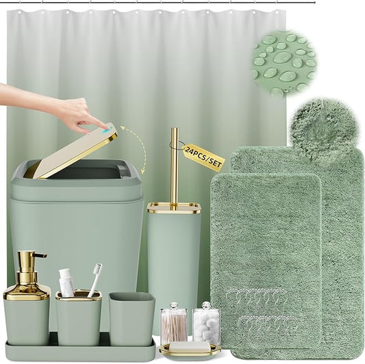 XLHOMO Sage Green Bathroom Set - 24PC Bathroom Sets with Shower Curtain and Rugs, Sage Green Bathroom Accessories Set with Press-on Lid Bathroom Trash Can, Soap Dispenser