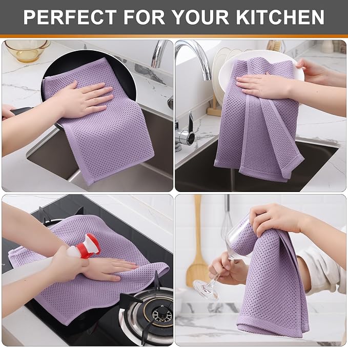 Kitinjoy 100% Cotton Waffle Weave Kitchen Hand Towels (13 X 28 Inches, Lavender), 4-Pack Super Soft and Absorbent Dish Towel for Drying Dishes