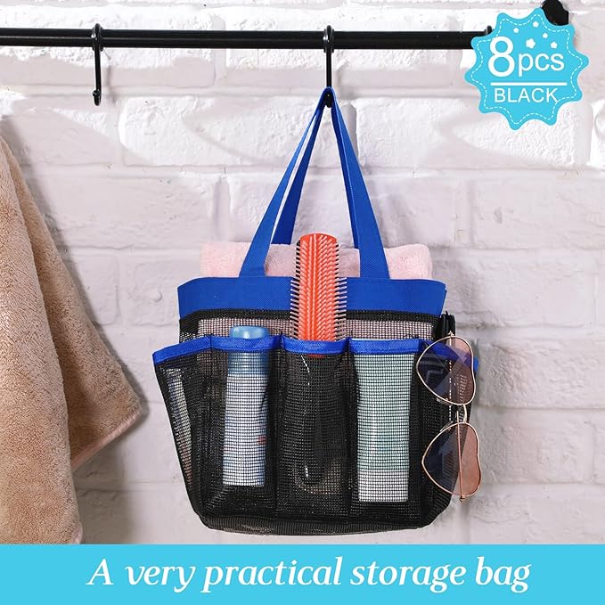 8 Packs Mesh Large Shower Caddy Portable with 8 Pockets and Handles Quick Dry Shower Bags Hanging Bath Bag Dorm Room College Essentials for Bathroom Gym Camp(Blue)
