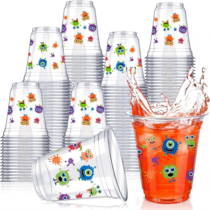 Uiifan 50 Pcs Monster Birthday Party Supplies Cute Cartoon Little Monster Party Decoration 12 oz Blue Purple Green Cups Disposable Plastic Cups for Coffee Juice Beverages Cocktail Birthday