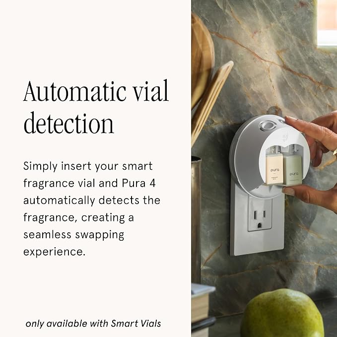 Pura Smart Home Fragrance Device Starter Set - Pura 4 - Scent Diffuser for Home - Includes Fragrance Aroma Diffuser - Rectangle Box, Sea Salt Grapefruit and White Vetiver Scent Refills