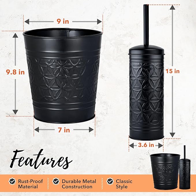 Autumn Alley Handcrafted Black Farmhouse Bathroom Trash Can and Toilet Bowl Brush with Holder Set - Metal Black Bathroom Accessories Set for Classic Bathroom Décor
