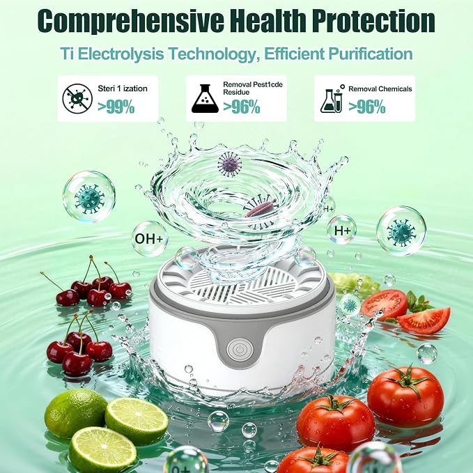 Fruit and Vegetable Washing Machine,Waterproof Fruit and Vegetable Cleaner, Latest Titanium Electrolysis Purification Wireless Charging Suitable for Washing Fresh Produce（White）
