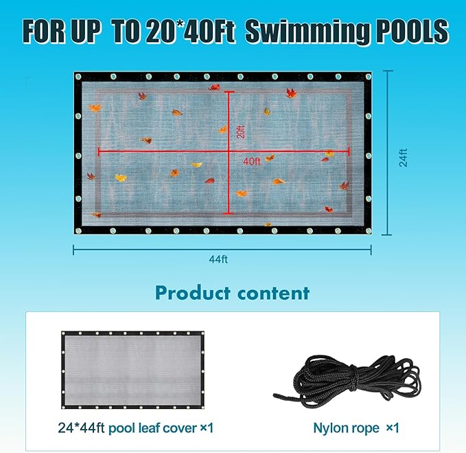 20x40 Ft Pool Leaf Net Cover For Inground Pools/Above Ground, Durable Black Mesh Swimming Pool Leaf Net Cover With Rope For Leaves and Debris, Tear Resistant, UV Resistant, and Reatherproof (20×40 Ft)