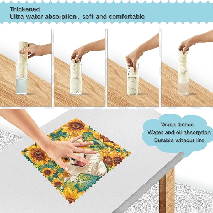 Yellow Sunflowers and Corgi Dogs Kitchen Towels Dish Cloths Set of 6 Microfiber Cleaning Cloths for Cars Super Absorbent Machine