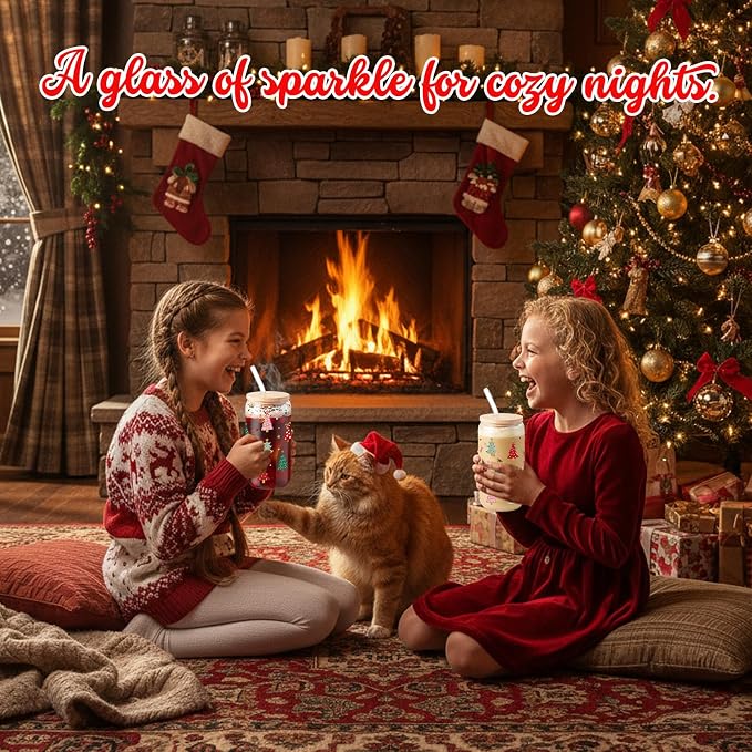 Sliner 2 Pcs Christmas Tree Glass Cups Summer Xmas Tumbler with Lid Straw Drinking Glasses 16 oz Iced Coffee Cup with Cleaning Brush Beer Can Tumbler Cute Holiday Gifts
