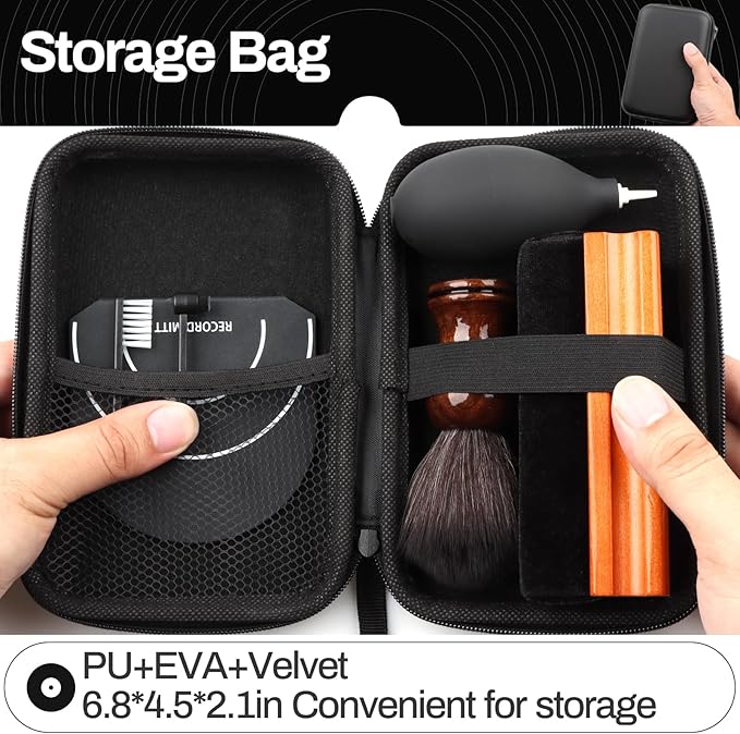 Vinyl Record Cleaning Kit Cleaner Player Cleaning Accessories Album Care Velvet Anti Static Carbon Fiber Stylus Brush Rubber Blower Record Mitts Storage Bag (7-in-1 Vinyl Record Cleaning Kit)