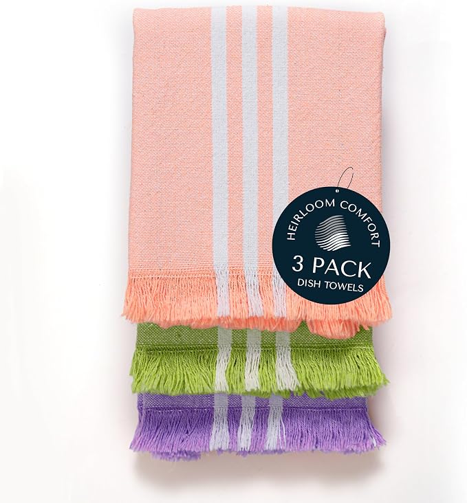 Stripe Kitchen Towels 3 Pack, 16x26 Inch, 100% Cotton, Super Absorbent & Quick Dry, Durable, Fringed Dish Towel for Drying Dishes, Washable, Light Orange, Lemon Green, Lavender