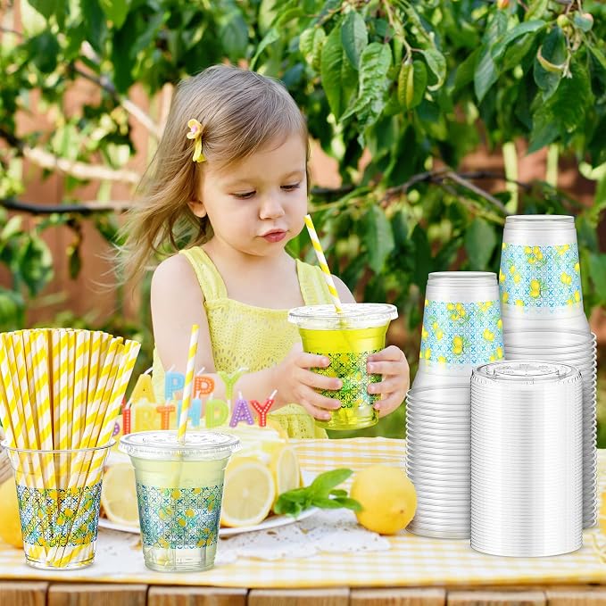 Umigy 100 Pack Plastic Disposable Cups with Lids and Straws 12 oz Disposable Cups for Juice Water Coffee Summer Party Sports Party Supplies (Capri Lemon)