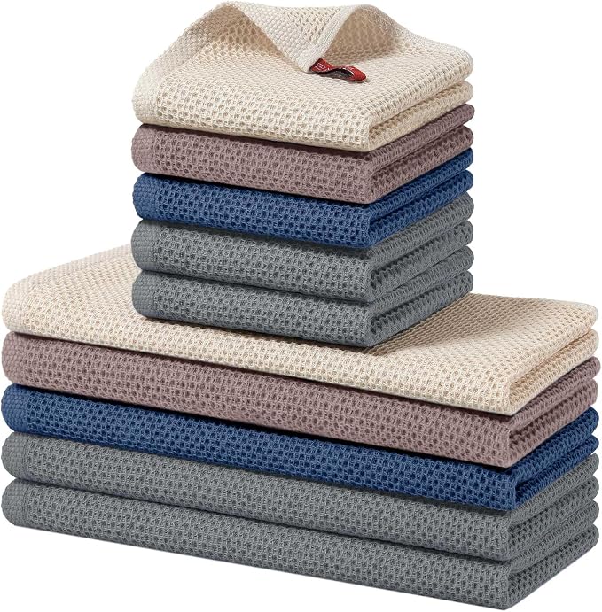 Homaxy 100% Cotton Kitchen Towels and Dishcloths Set, 12 x 12 Inches and 13 x 28 Inches, Set of 10 Bulk Kitchen Towels Set, Ultra Soft Absorbent Dish Cloths for Washing Dishes, Grey/Beige/Blue/Brown