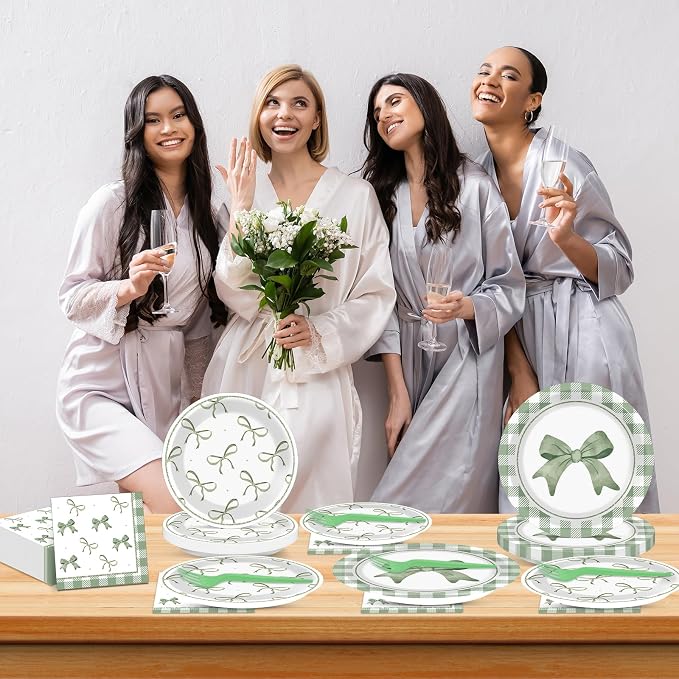 CHUNNIN 96Pcs Green Plaid Bow Spring Plates and Napkins Party Decorations Bow Theme Dessert Paper Plates Napkins Birthday Tableware Set for 24 Guests Girls Baby Shower Picnic BBQ Party Suppliess
