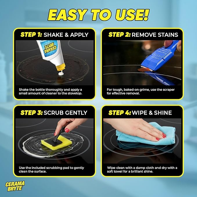 Cerama Bryte Glass Cooktop and Stove Top Cleaner Combo Kit - Includes Cleaning Tool, Razor, Scraper and 3 Pads to Remove Tough Stains - Use on Gas, Electric, Ceramic Surfaces, 10 Ounces, 6 Piece