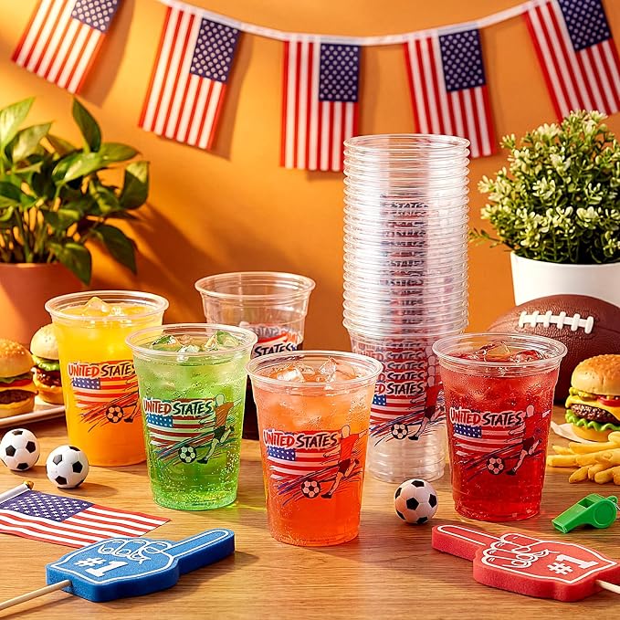 Jingmore 50 Pcs Soccer Plastic Cups 12 oz International Countries Soccer Disposable Plastic Cups Thick Clear Drinkware for Sports Games Party Supplies (United States)