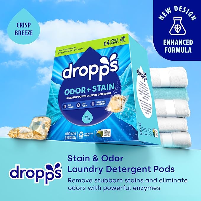 Dropps Odor & Stain Laundry Detergent Pods, Crisp Breeze (64 Count) - Powerful Laundry Pods | Complete Clean Laundry Soap | Fights Odors & Stains | Clean Ingredients | Plastic Free Packaging