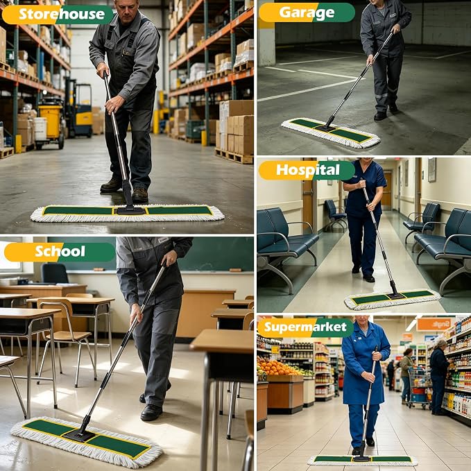 MASTERTOP 40" Commercial Dust Mop for Floor Cleaning, Heavy Duty Flat Mop | Industrial 64" Long Handle Push Broom with 2 Cotton Pads for Hardwood, Tile, Laminate, Concrete, Warehouse & Gym Cleaning