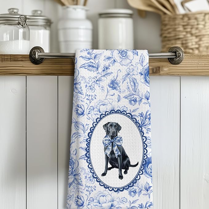 Chinoiserie Black Labrador Retriever Kitchen Towels, Blue and White Floral Black Lab Gifts Dish Tea Towels, Grandmillennial Botanical Dog Hand Towels for Kitchen Bathroom, 16x24 Inch