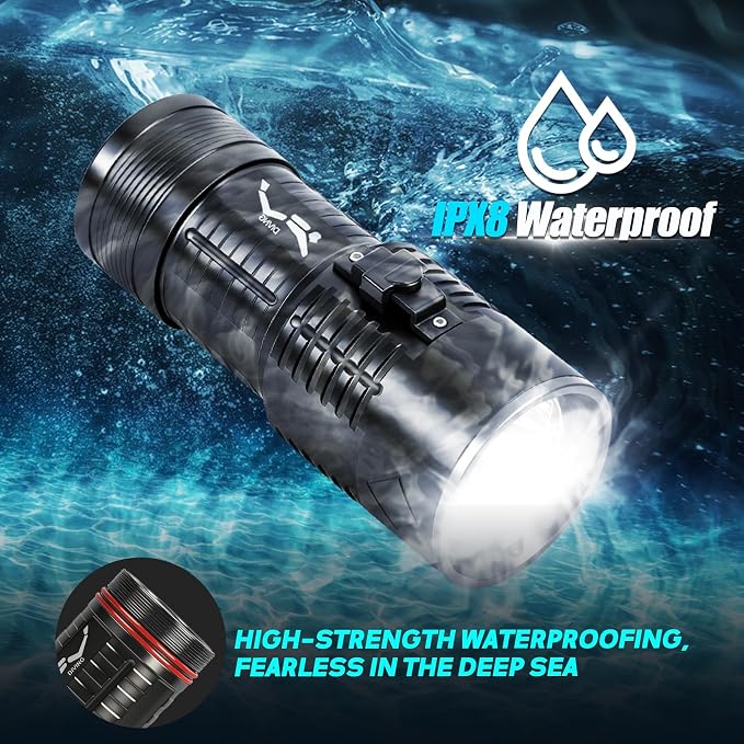 Scuba Dive Light - 5000LM Super Bright Rechargeable Waterproof Torch, 6 Modes Underwater Lights, Scuba & Snorkeling Safety Diving Flashlight for Deep Sea Snorkeling