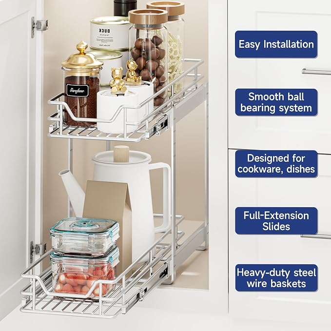 2-Tier Pull Out Cabinet Organizer, 9" W x 21.5" D, Heavy Duty Dual Slide Out Shelves for Narrow Base Cabinets, Chrome Wire Basket Drawer for Spices, Bottles & Snacks