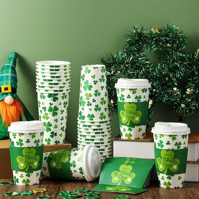 Jingmore 60 Pack St. Patrick's Day Disposable Coffee Cups with Lids and Sleeves 16 oz Irish Coffee Cups Green Shamrock Paper Cups Disposable Drinking Cups for Irish Holiday Party Supplies