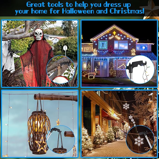 Ladderless Telescopic Poles for Hanging Christmas Lights, 3.8-12 FT Long Extension Pole with Utility Hook, Outdoor String Light Installation Tool, Extend a Reach Rod Kit