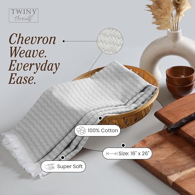 TWINY threads Kitchen Towel Chevron Design, Premium 100% Cotton Kitchen Linen Set, Large Dish Rags and Wash Rags, Absorbent Quick Drying, Washable Reusable, Pack of 12, 16"x26", Light Grey