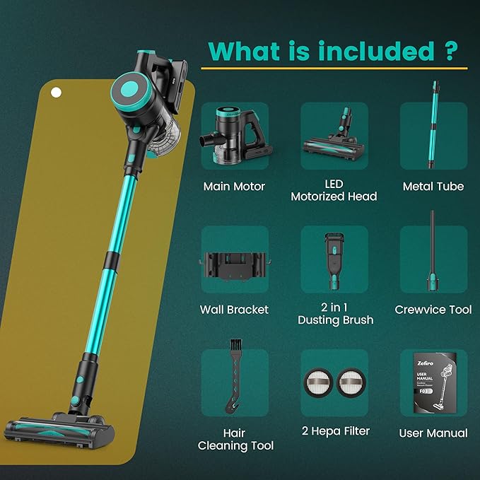 Zefiro Cordless Vacuum Cleaner,45Mins Runtime Vacuum Cleaners for Home, Anti-Tangle and 1.5L Dust Cup, Lightweight Vacuum for Hardwood Floor Carpet Pet Hair