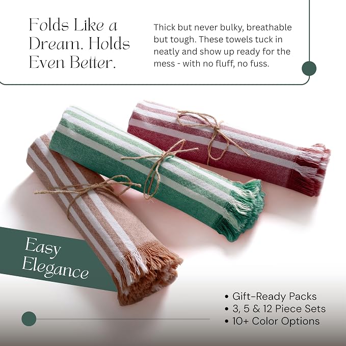 12 Pack Striped Dish Towels with Fringes, 16x26 Inch, 100% Cotton, Ultra Absorbent & Reusable, Quick Drying Kitchen Towels for Cleaning, Cooking, Brown, Forest Green, Burgundy Wine