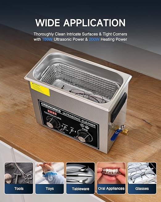 CREWORKS 6L Ultrasonic Cleaner with Heater and Timer, 180W Stainless Steel Ultrasonic Cleaner Machine with Degas & Gentle Modes, Ultrasonic Parts Cleaner with Knob Control for Jewelry Glasses Watch