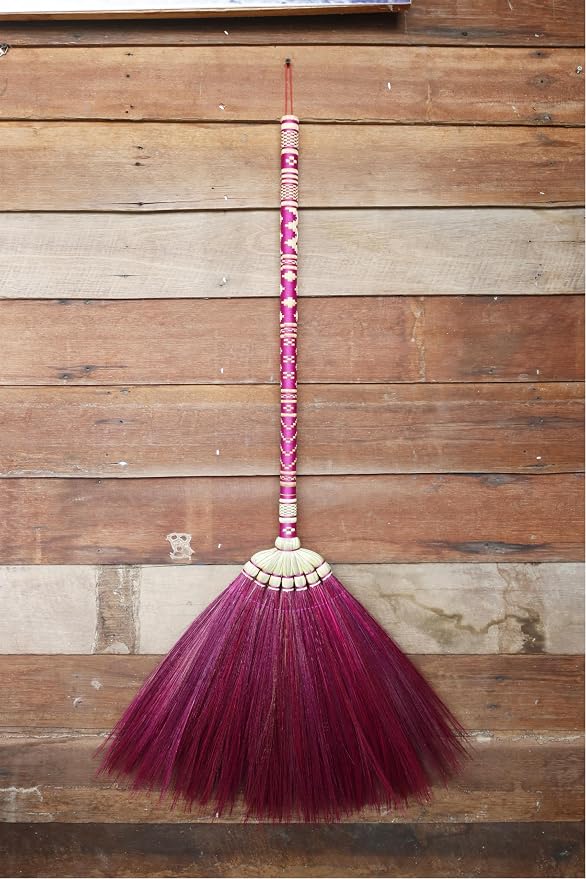 Asian Broom,Natural Grass Thai Broom Vintage Retro Embroidered Woven Nylon, Handmade Broom, Housewarming Gift, Witch Broom,Bamboo Stick Handle, Durable Broom for Indoor & Outdoor 40"