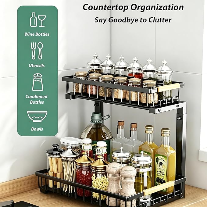 2 Pack Under Sink Organizer, 2-Tier Pull Out Kitchen Cabinet Organizer, Height Adjustable Metal Slide Out Bathroom Organizers and Storage Makeup Drawer Organizer for Office Bedroom (B-Black, 2Pack)