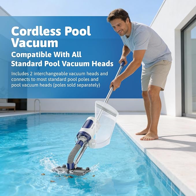 Aqua EZ RPV901 Rechargeable Pool Vacuum – Cordless, Consistent Runtime, Works in All Pools, Includes 2 Vacuum Heads, Compatible with All Standard Vac Heads, Attaches to Any Pool Pole